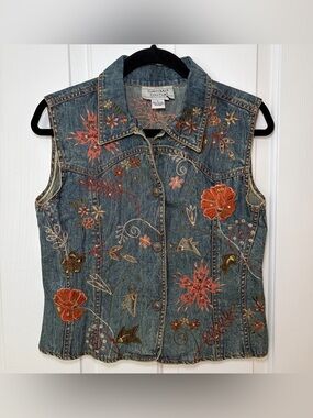 Retro Y2K Flashback Couture Embroidered Denim Sleeveless Vest Floral Boho Sz S